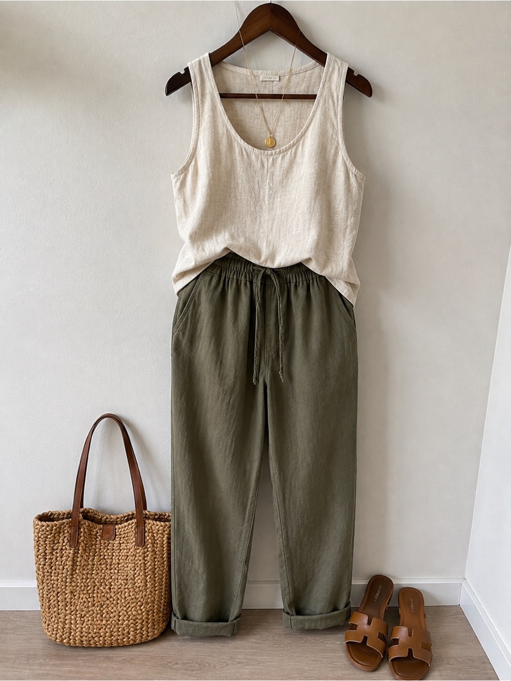 CiSono Olive Green Tencel Jogger Pants L | Drawstring Pull On Casual